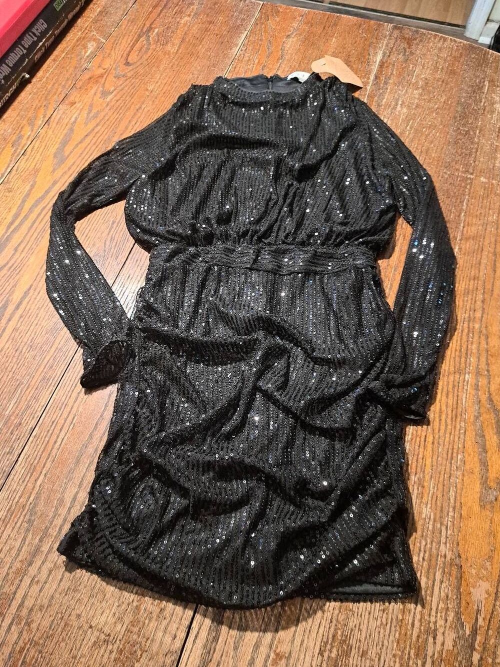 New HYFVE Black Sequin Sheer Sleeve Bodycon Mini Dress Small Mock Neck NWT